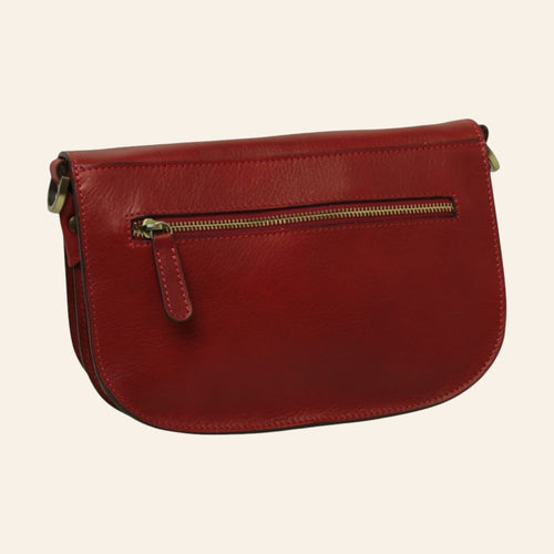 Umhängetasche aus vollnarbigem Kalbsleder in Rot mit rückseitiger Reißverschlusstasche und Metalldetails