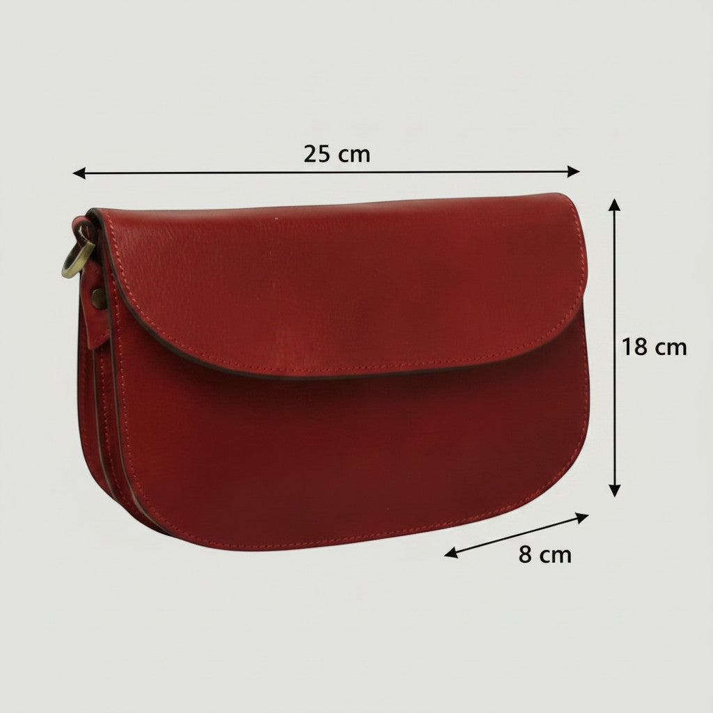 Borsa a tracolla Vetrina Fiorentina in pelle di vitello pieno fiore rossa con dimensioni indicate