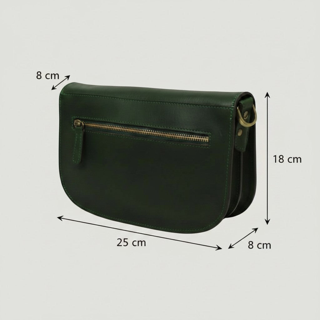 Borsa a tracolla Vetrina Fiorentina in pelle di vitello verde con tasca posteriore con zip e misure indicate