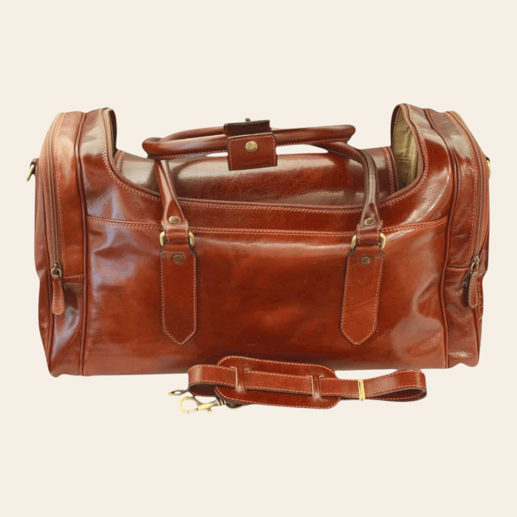 Borsa da viaggio Arno Vetrina Fiorentina in pelle pieno fiore marrone con finiture in ottone e tracolla rimovibile