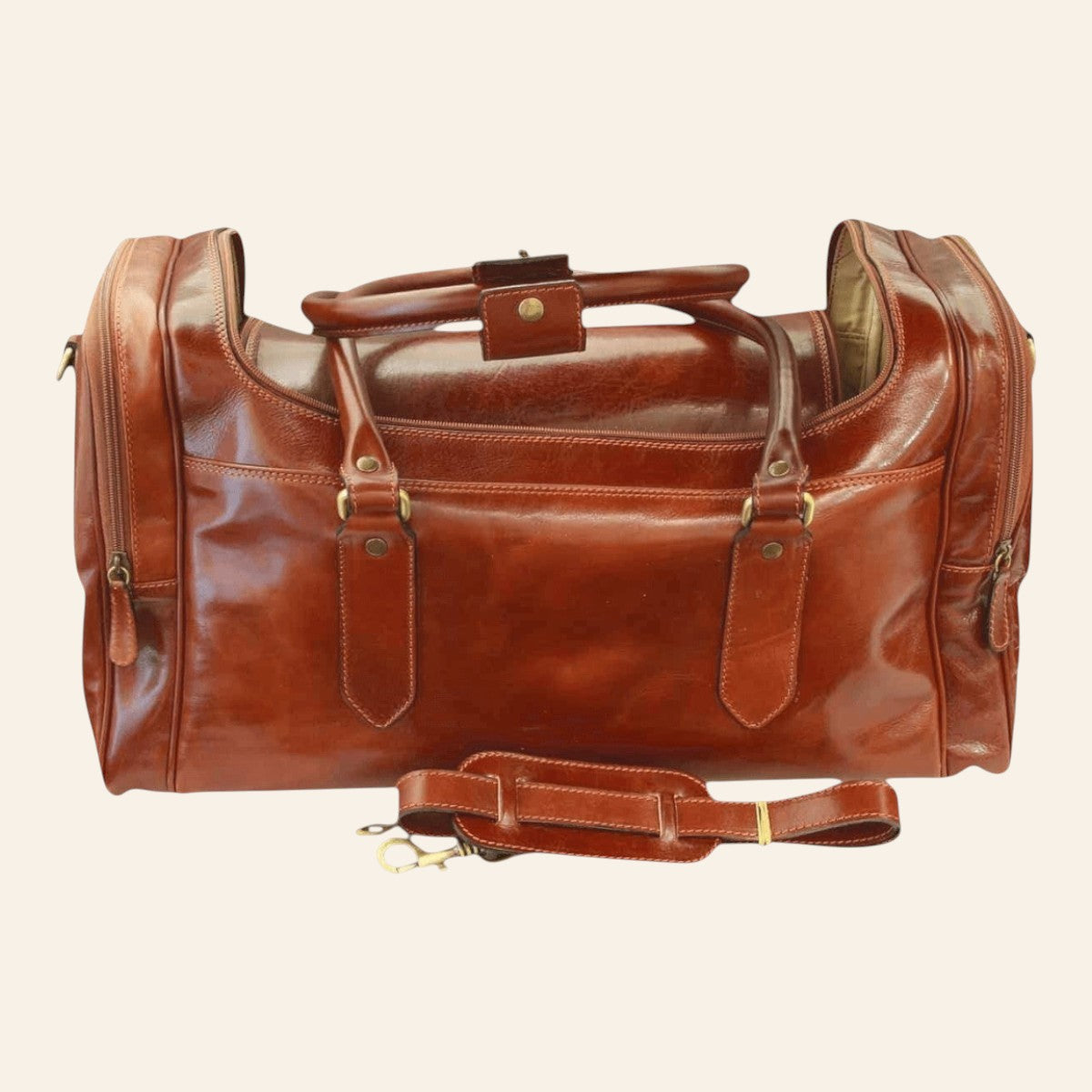 Borsa da viaggio Vetrina Fiorentina in pelle pieno fiore marrone con finiture in ottone e tracolla rimovibile