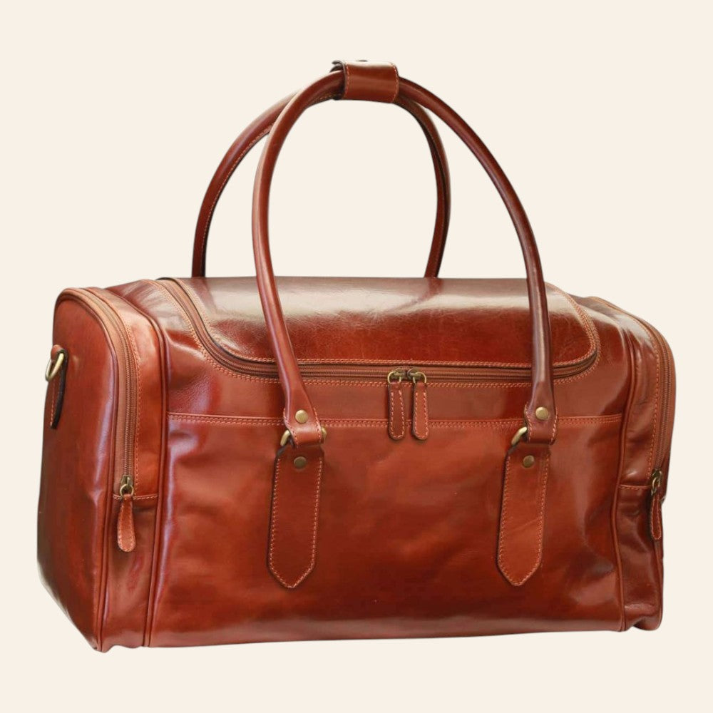 Borsa da viaggio Vetrina Fiorentina in pelle pieno fiore marrone con chiusure a zip e manici in pelle