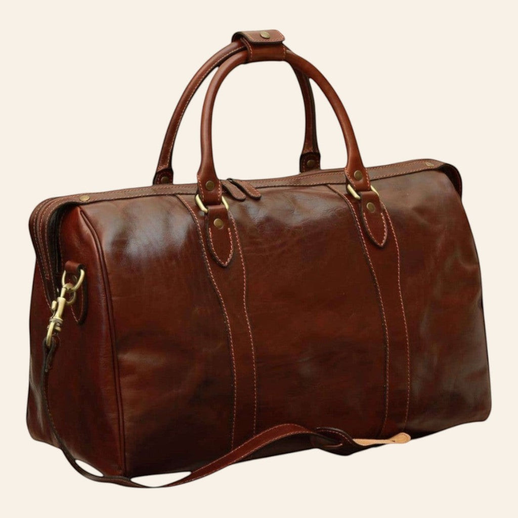 Borsa da viaggio Vetrina Fiorentina in pelle di vitello marrone con finiture artigianali e tracolla removibile