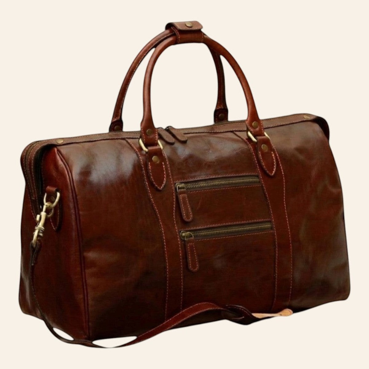 Borsa da viaggio Vetrina Fiorentina in pelle di vitello pieno fiore marrone con doppie tasche frontali e tracolla