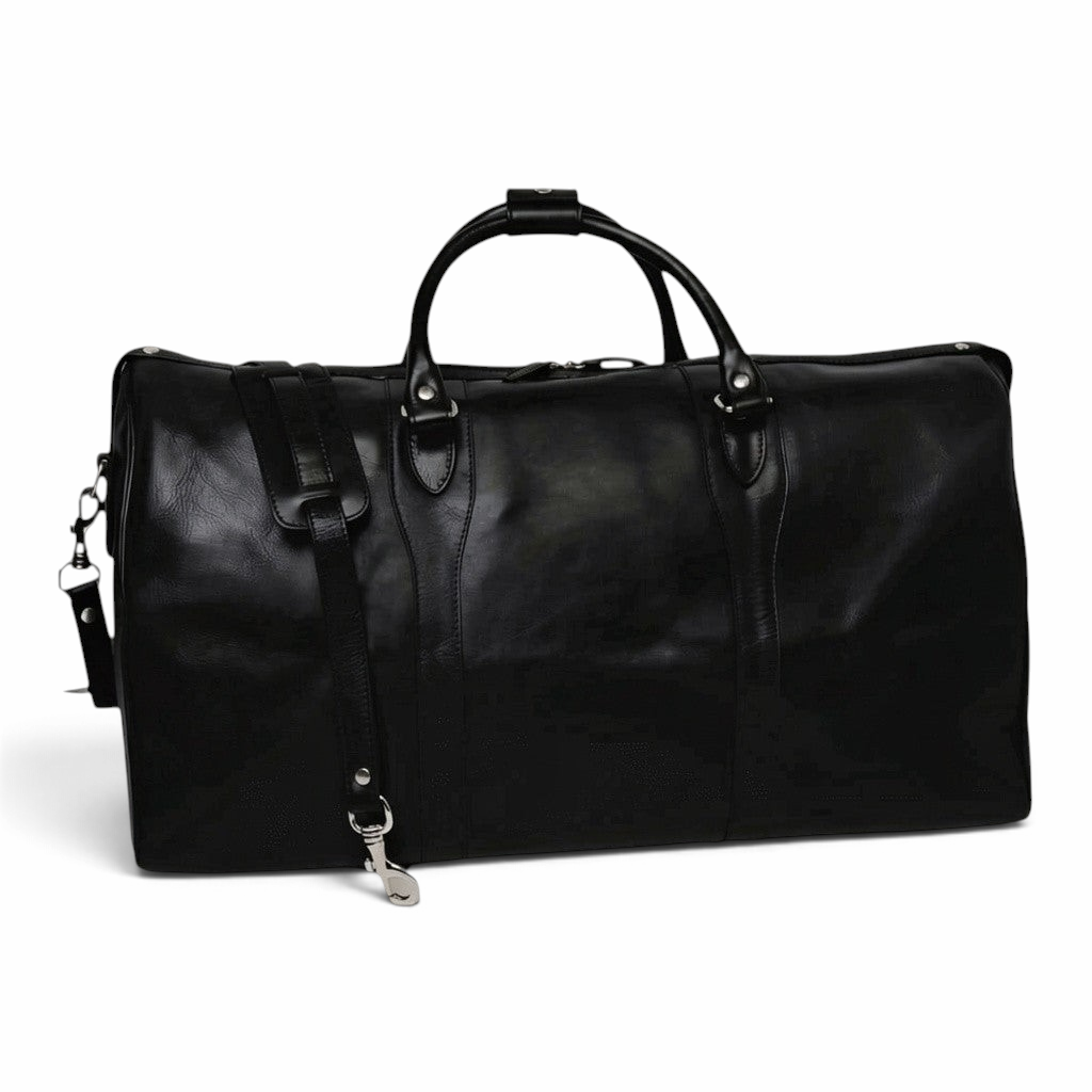 Borsa da viaggio Vetrina Fiorentina in pelle pieno fiore nera con tracolla staccabile e dettagli in ottone antico