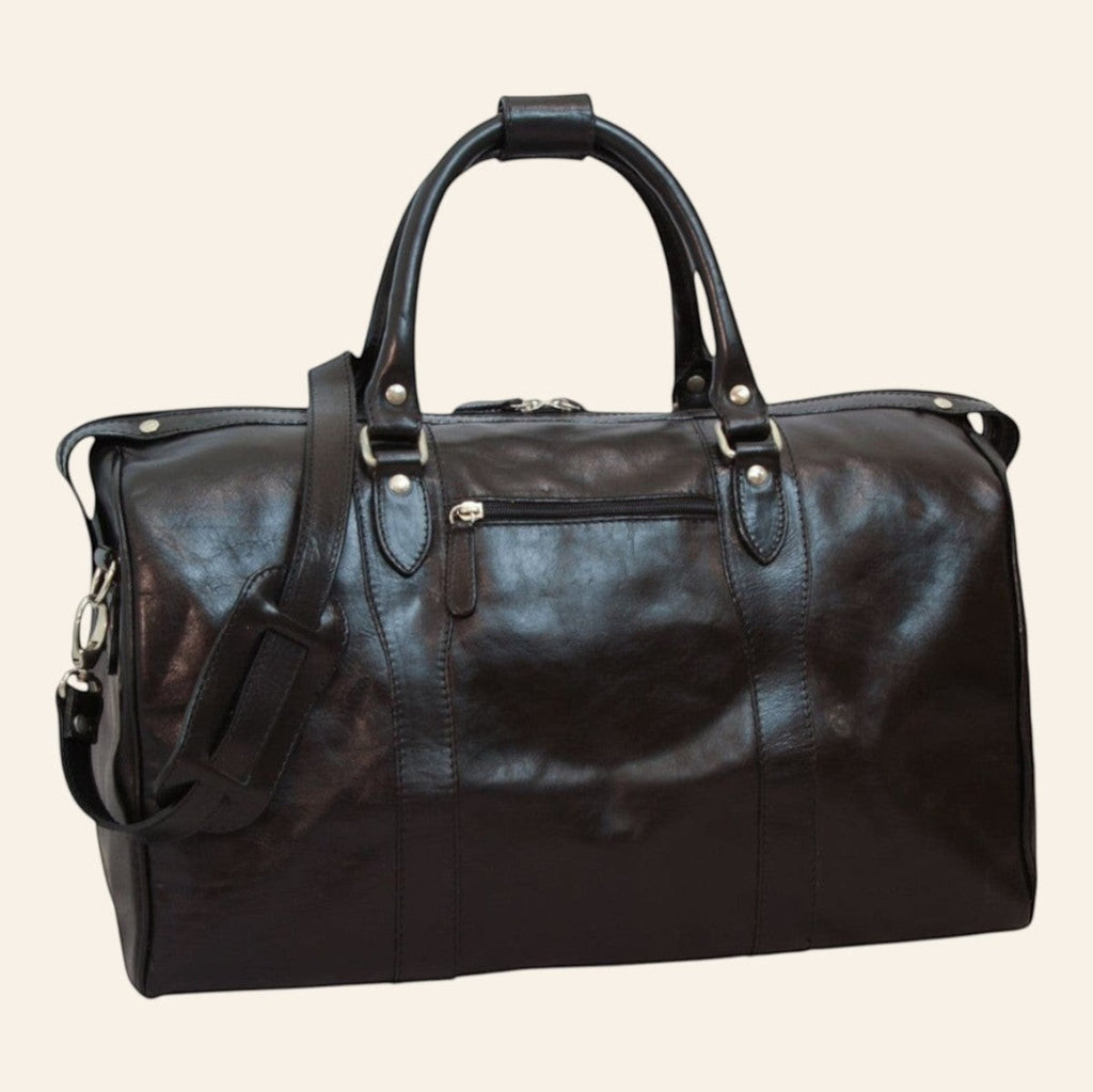 Borsa da viaggio Vetrina Fiorentina in pelle di vitello pieno fiore nera artigianale con tracolla e zip esterna