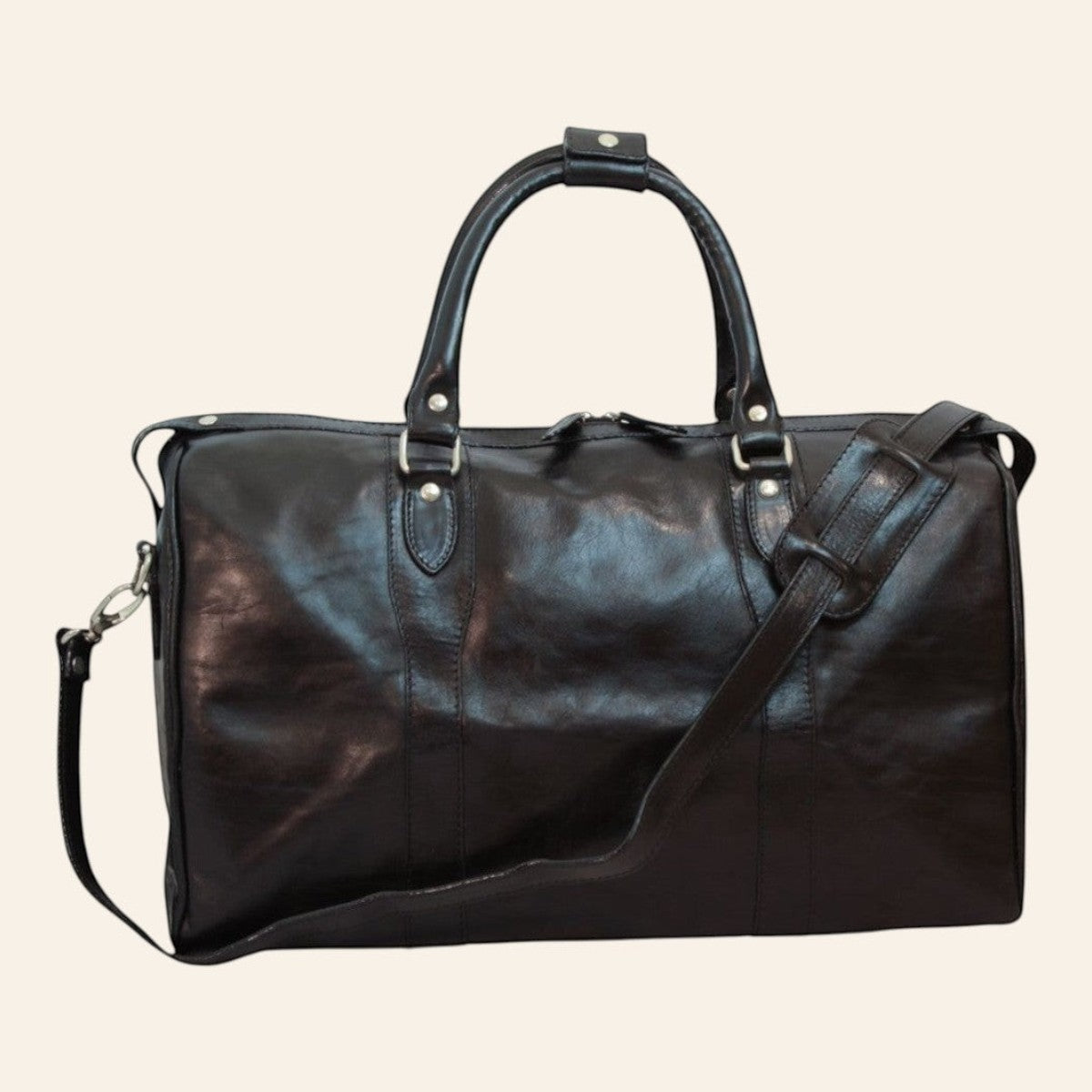 Borsa da viaggio Vetrina Fiorentina in pelle di vitello pieno fiore nera artigianale con tracolla removibile
