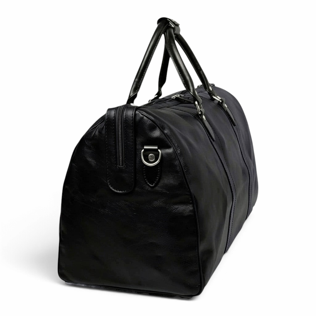 Borsa da viaggio Vetrina Fiorentina in pelle pieno fiore nera con manici e tracolla staccabile, vista laterale.