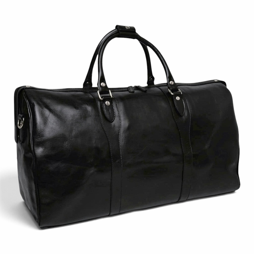 Borsa da viaggio Vetrina Fiorentina in pelle pieno fiore nera con manici robusti e design elegante per weekend