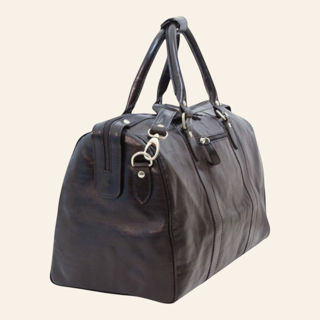 Borsa da viaggio Vetrina Fiorentina in pelle di vitello pieno fiore nera con tracolla e dettagli artigianali