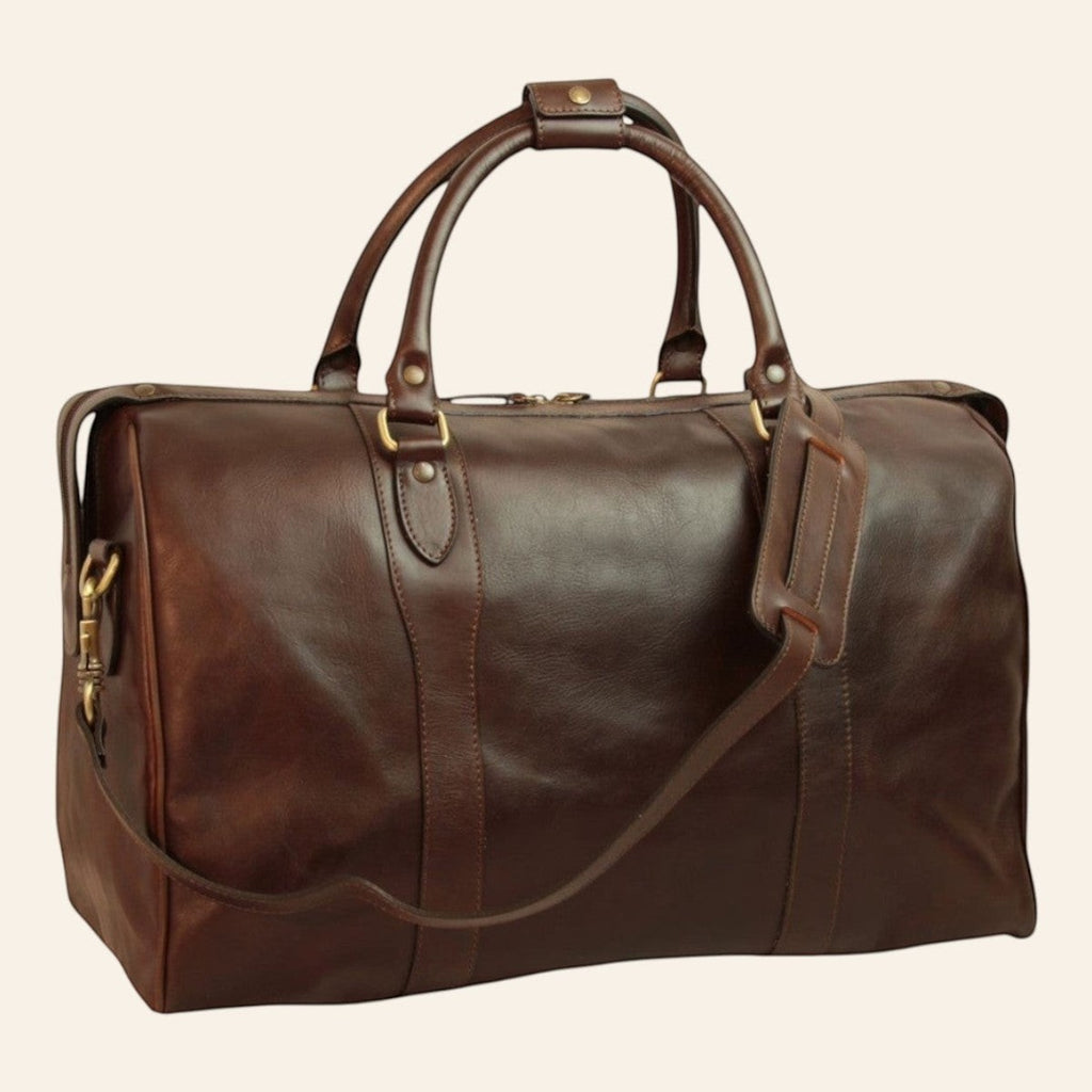 Borsa da viaggio Vetrina Fiorentina in pelle di vitello pieno fiore color testa di moro con tracolla removibile
