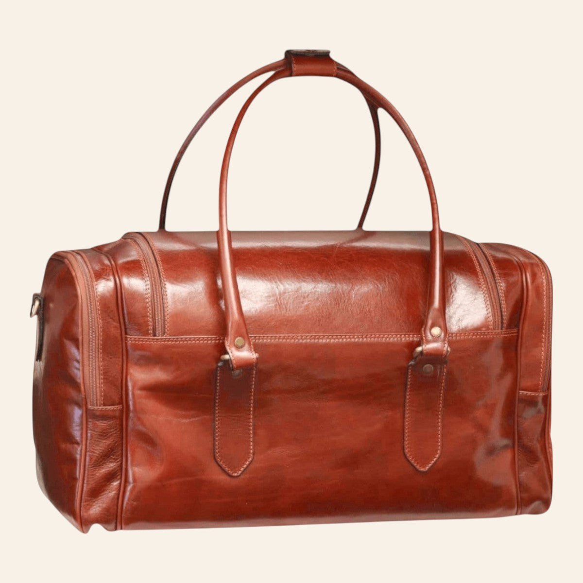Borsa da viaggio Vetrina Fiorentina in pelle pieno fiore marrone, vista frontale con manici e chiusure a zip