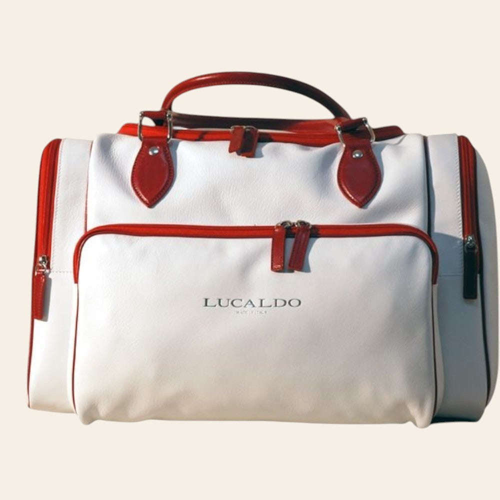 Borsone Vetrina Fiorentina in pelle pieno fiore bianco e rosso con dettagli in palladio e tasca frontale