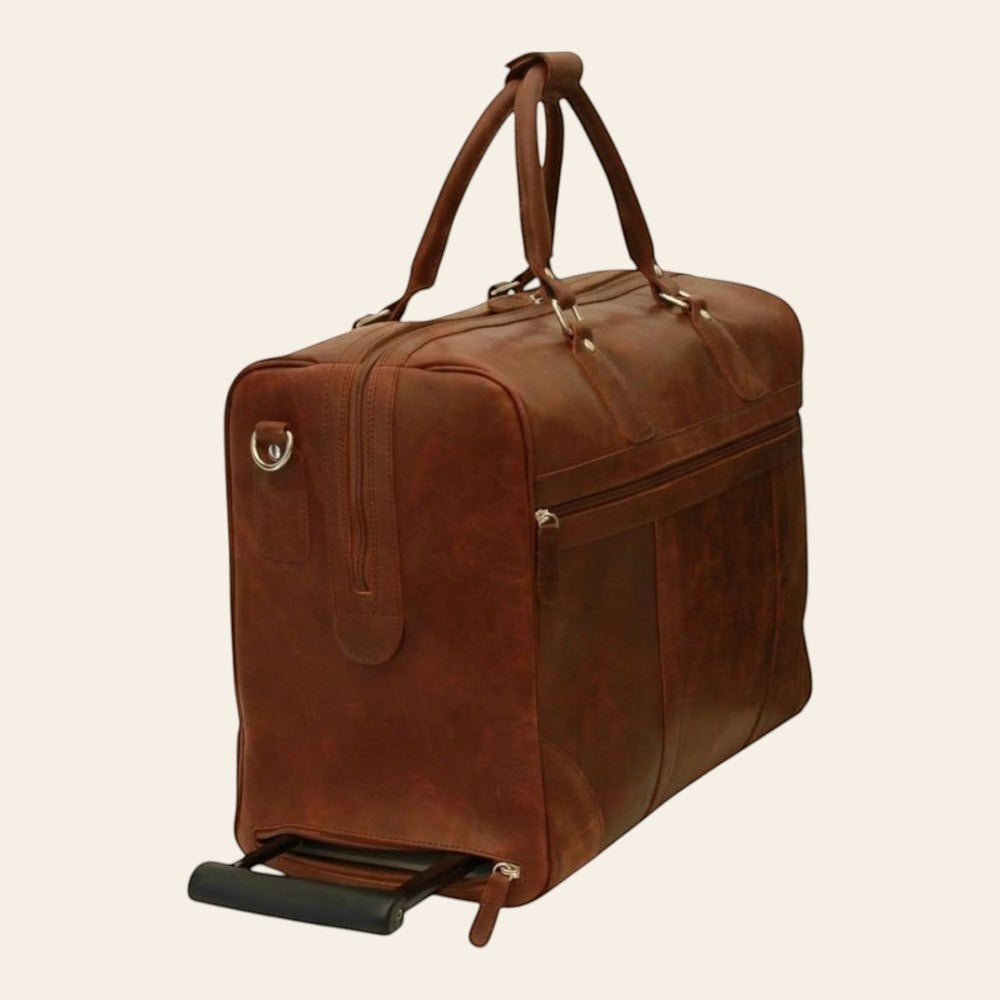 Borsone da viaggio Vetrina Fiorentina in pelle pieno fiore color castagna con sistema trolley integrato