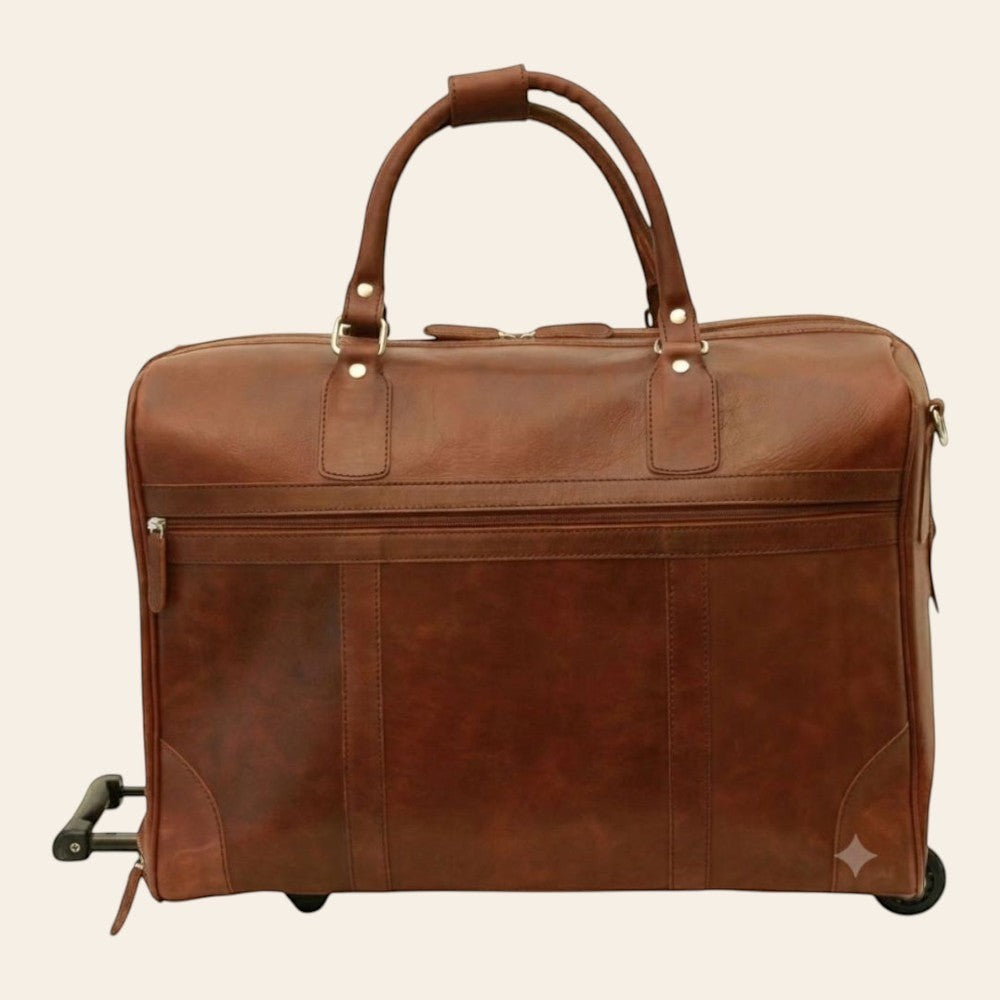 Borsone da viaggio Vetrina Fiorentina in pelle pieno fiore color castagna con sistema trolley integrato