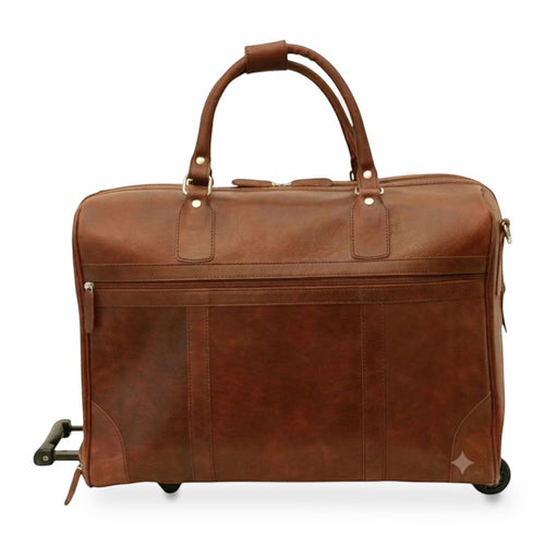 Borsone da viaggio Vetrina Fiorentina in pelle pieno fiore color castagna con sistema trolley integrato