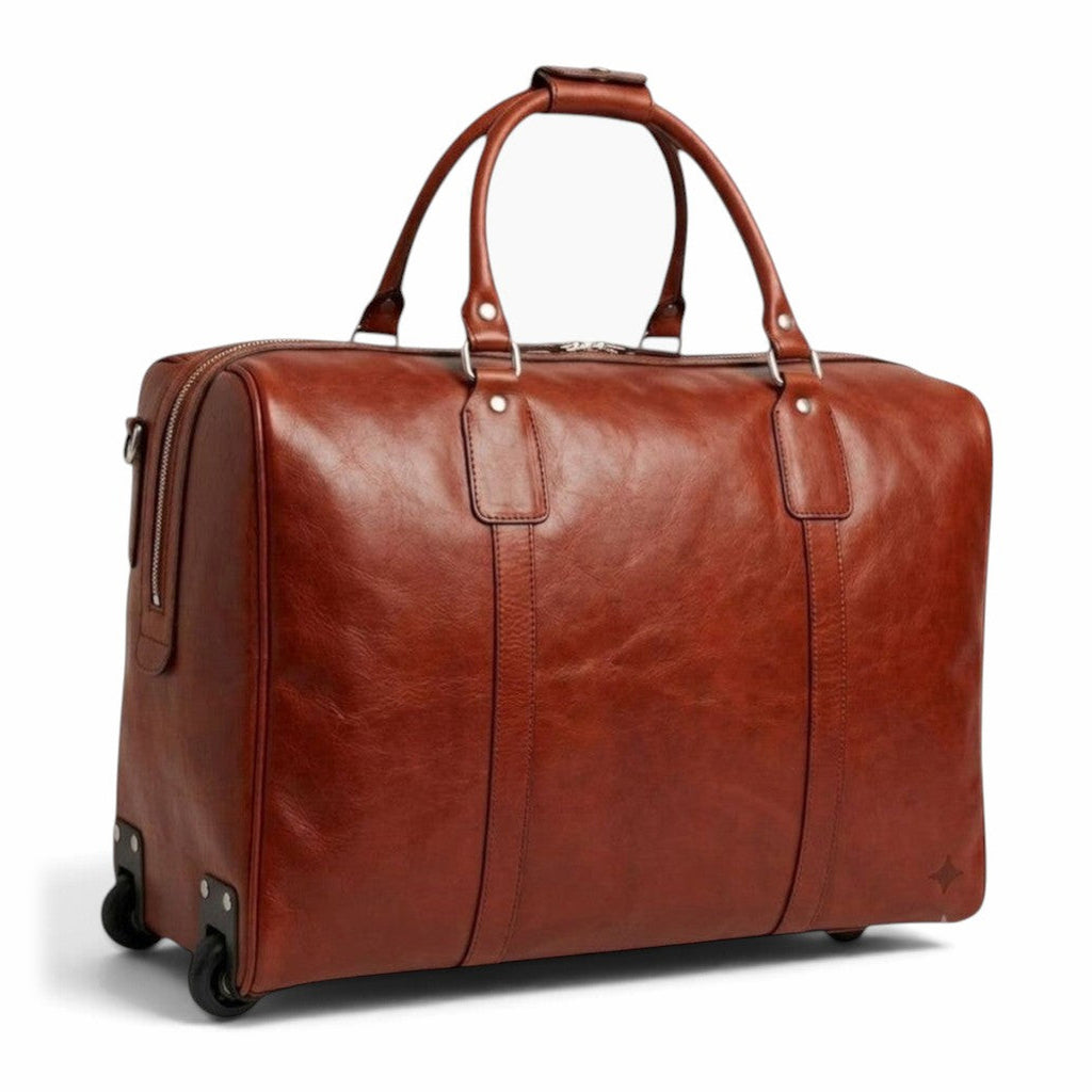Borsone da viaggio con trolley Vetrina Fiorentina in pelle di vitello pieno fiore color teak con ruote integrate
