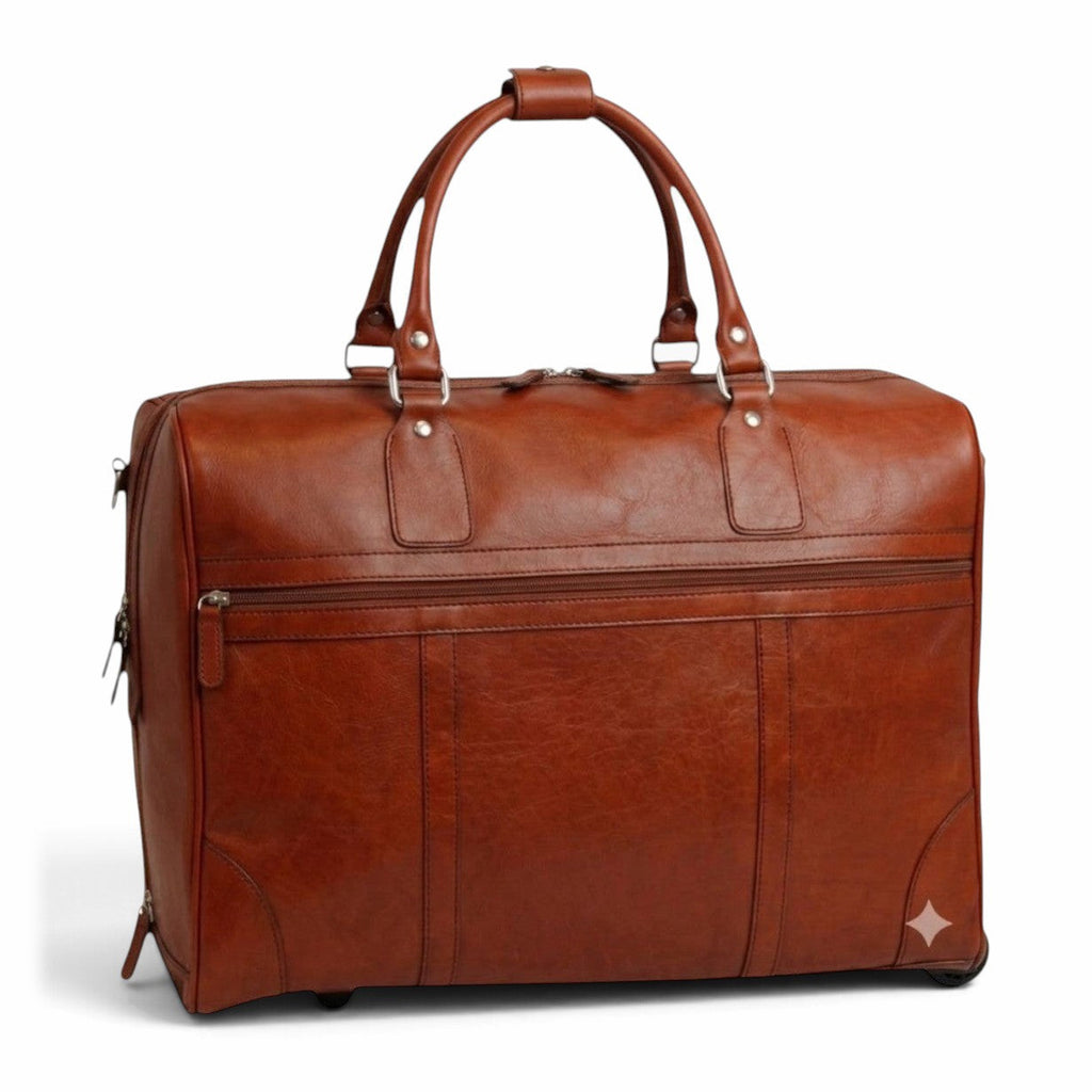 Borsone da viaggio con trolley Vetrina Fiorentina in pelle di vitello pieno fiore color teak con tasca frontale