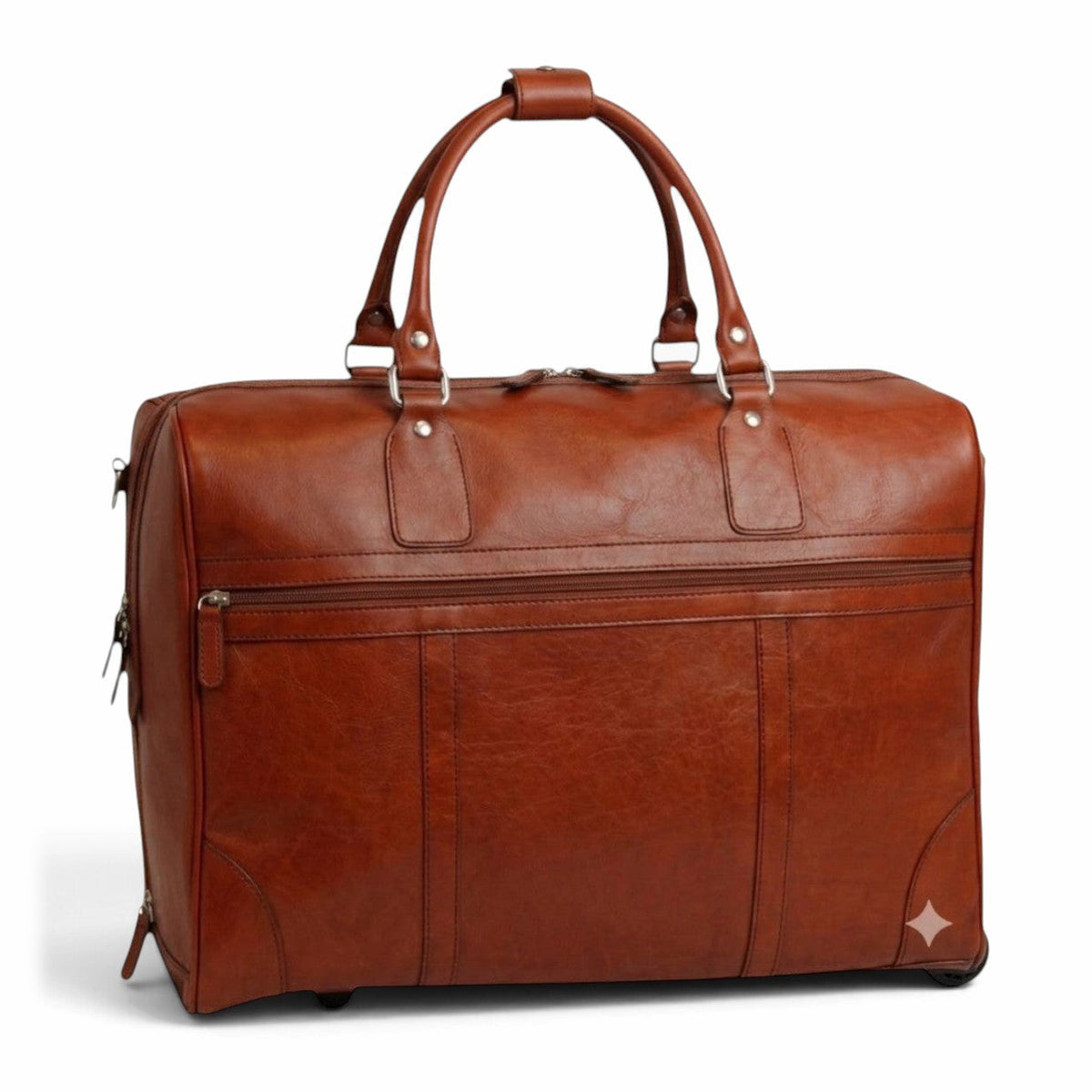 Borsone da viaggio con trolley Vetrina Fiorentina in pelle di vitello pieno fiore color teak con tasca frontale