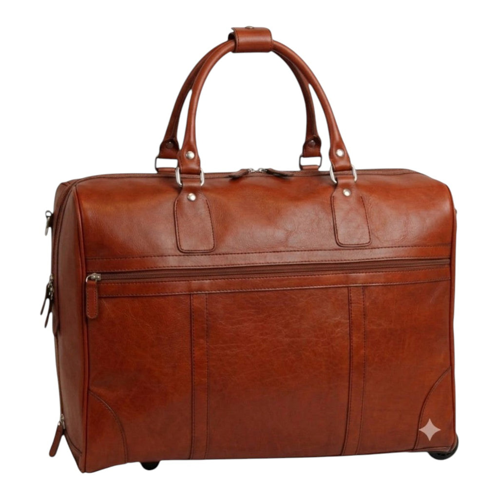 Borsone da viaggio con trolley Vetrina Fiorentina in pelle di vitello pieno fiore color teak con tasca frontale