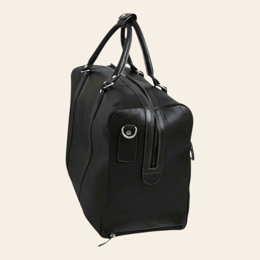 Borsone da viaggio Vetrina Fiorentina in pelle pieno fiore nera con trolley e manici, design artigianale italiano