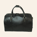 Bolsa de viaje de piel negra, vista frontal con asas dobles y refuerzos verticales