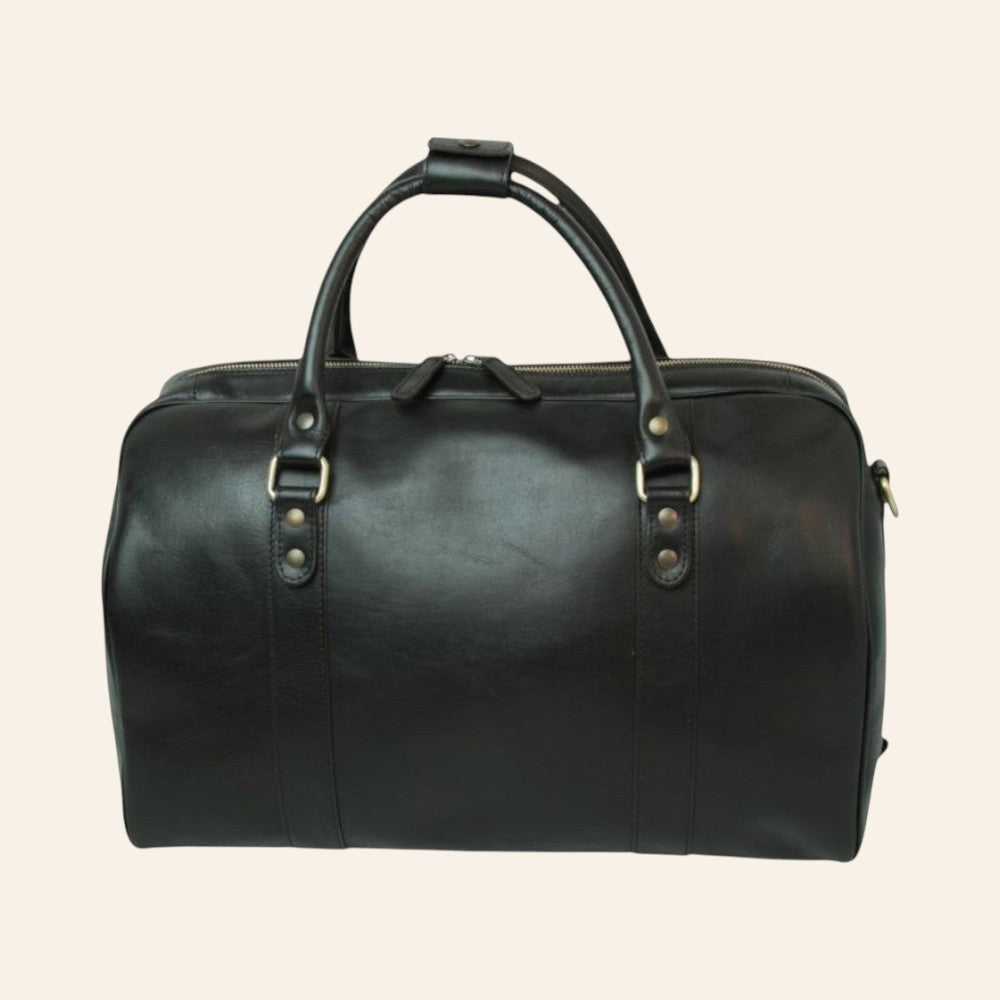 Bolsa de viaje de piel negra, vista frontal con asas dobles y refuerzos verticales