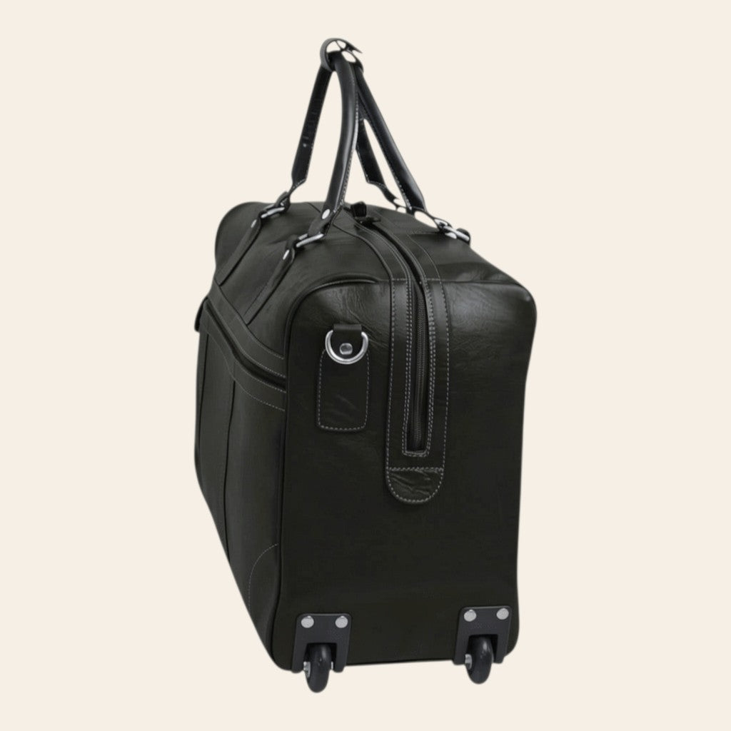 Borsone da viaggio Vetrina Fiorentina in pelle pieno fiore nera con ruote trolley e manici, design artigianale