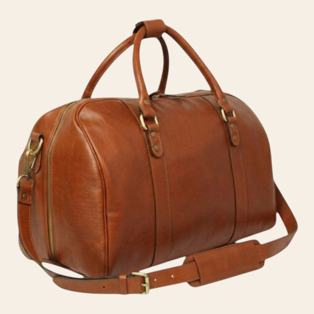 Borsone da viaggio Vetrina Fiorentina in pelle di vitello pieno fiore color teak con tracolla e dettagli in ottone