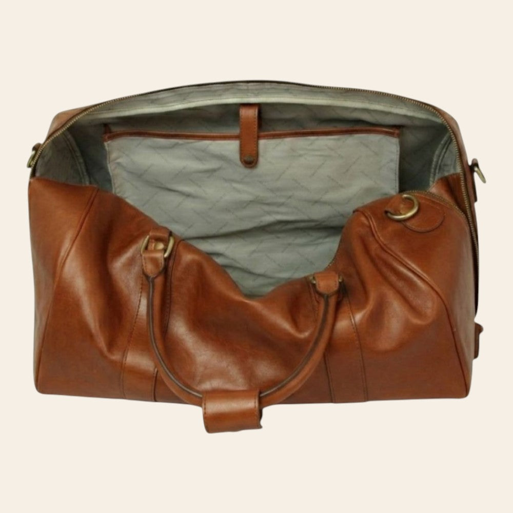 Borsone da viaggio Vetrina Fiorentina in pelle pieno fiore color teak con interno foderato e scomparto per laptop