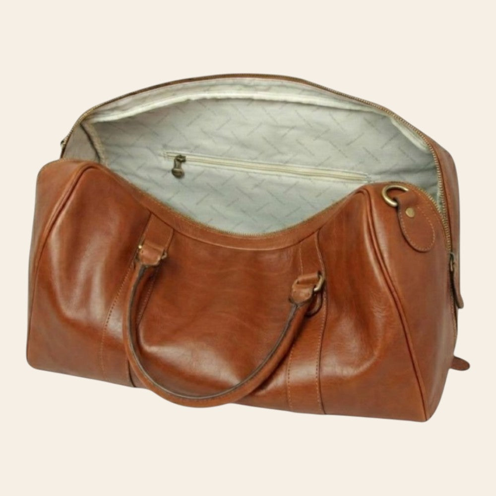 Borsone da viaggio Vetrina Fiorentina in pelle pieno fiore color teak con interno foderato e chiusura a zip