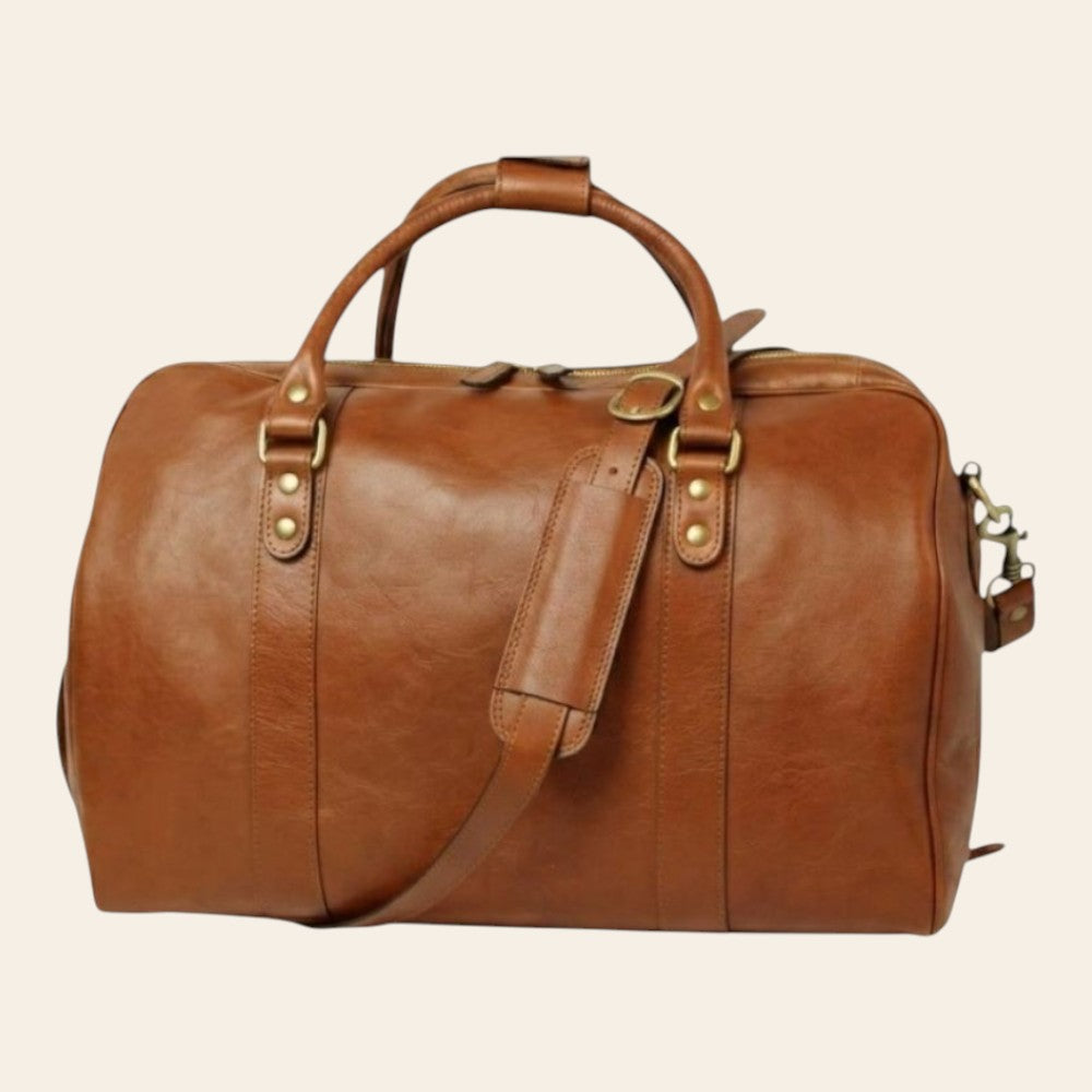 Borsone da viaggio Vetrina Fiorentina in pelle di vitello pieno fiore color teak con dettagli in ottone anticato