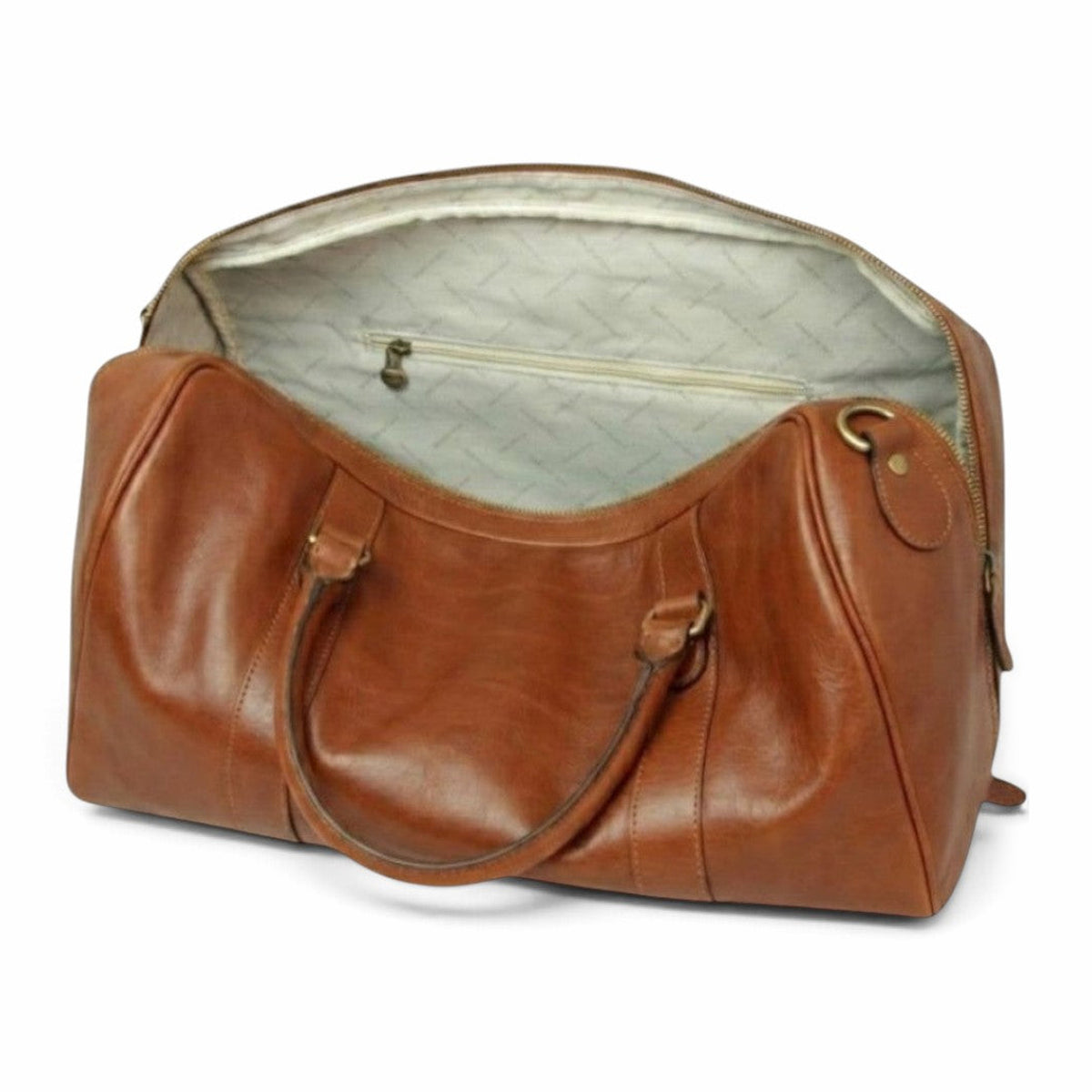 Borsone da viaggio Vetrina Fiorentina in pelle di vitello color teak con interno foderato e tasca con zip