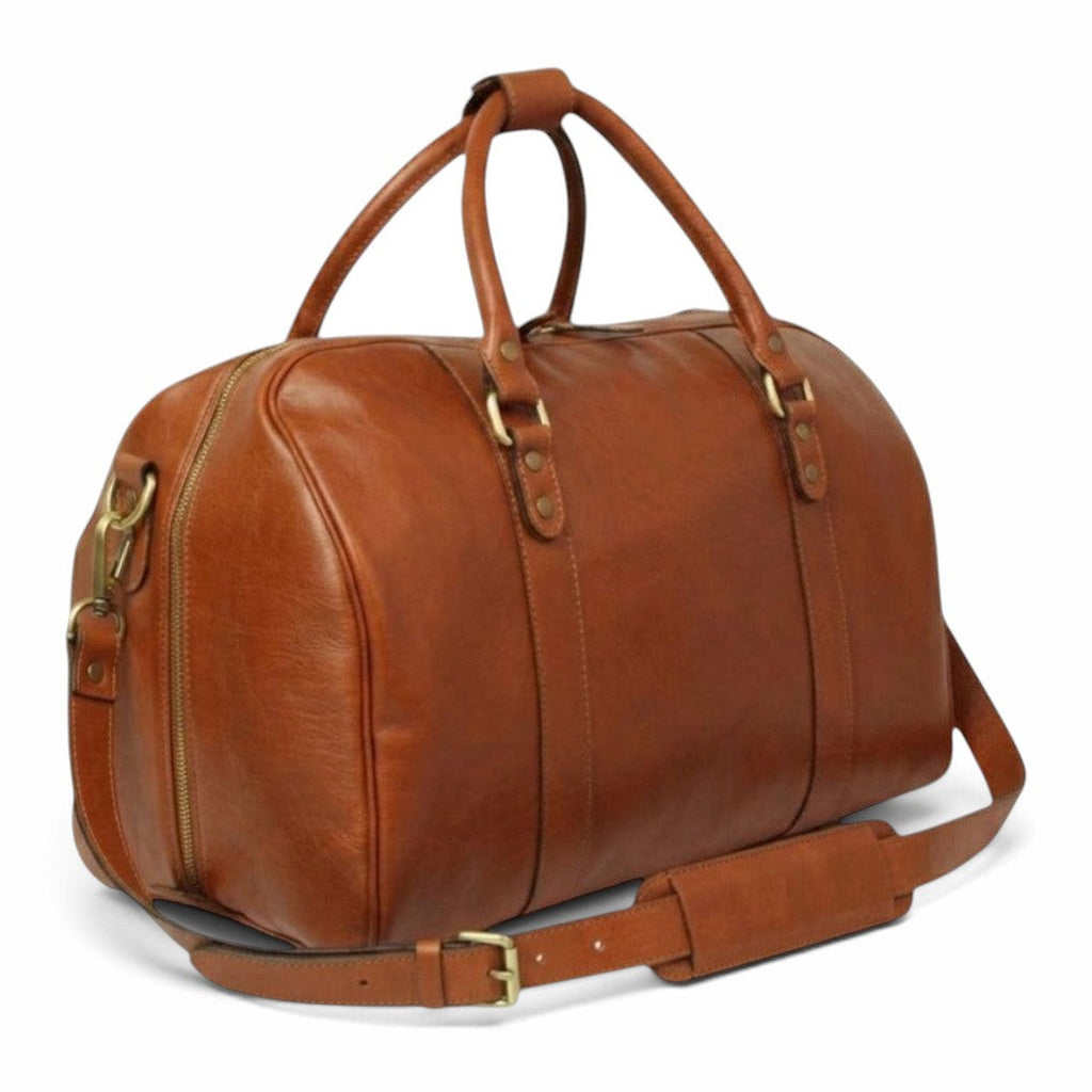Borsone da viaggio Vetrina Fiorentina in pelle di vitello color teak con tracolla imbottita e dettagli in ottone
