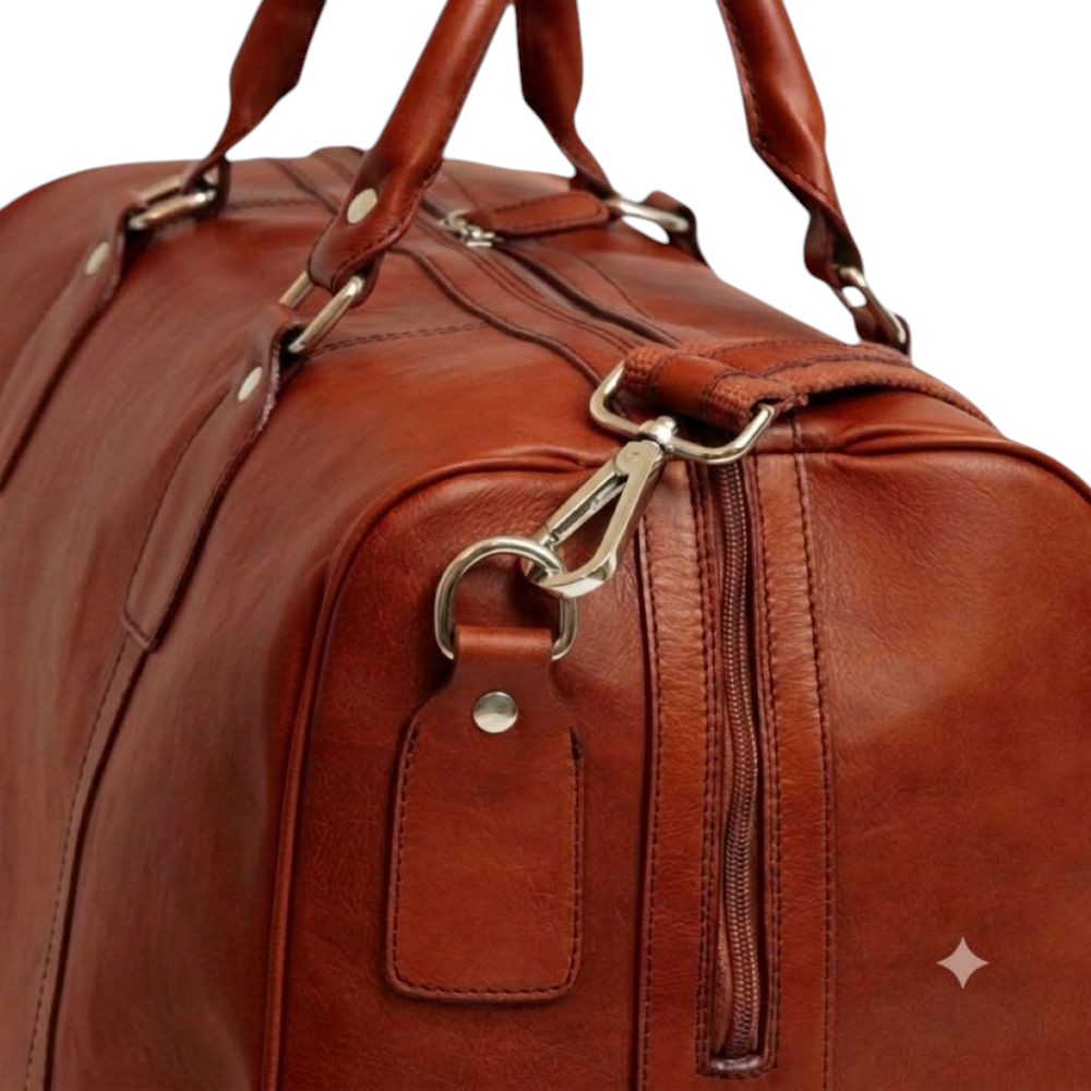 Borsone da viaggio Vetrina Fiorentina in pelle di vitello pieno fiore color teak con dettagli in metallo