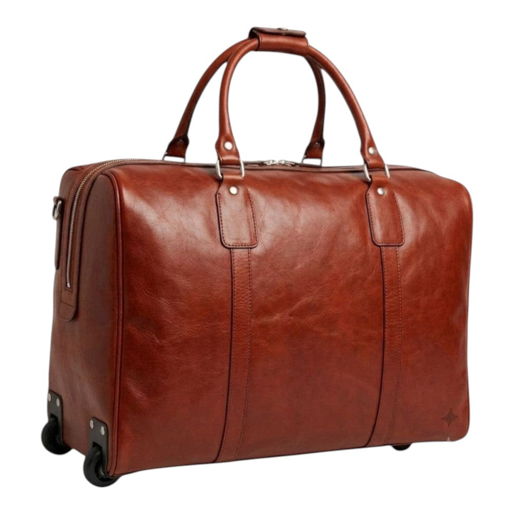 Borsone da viaggio Vetrina Fiorentina in pelle di vitello pieno fiore color teak con ruote e manici artigianali