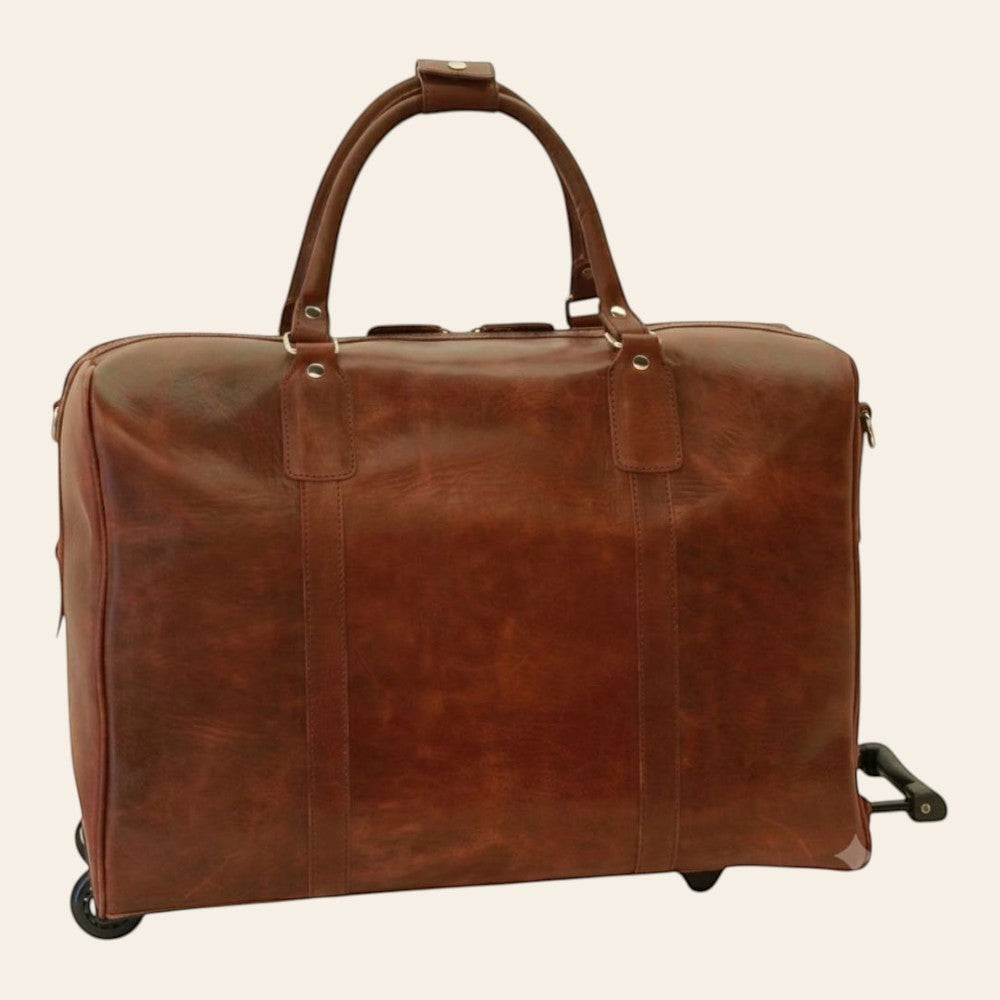 Borsone da viaggio Vetrina Fiorentina in pelle pieno fiore color castagna con sistema trolley integrato
