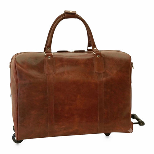 Borsone da viaggio Vetrina Fiorentina in pelle pieno fiore color castagna con sistema trolley integrato