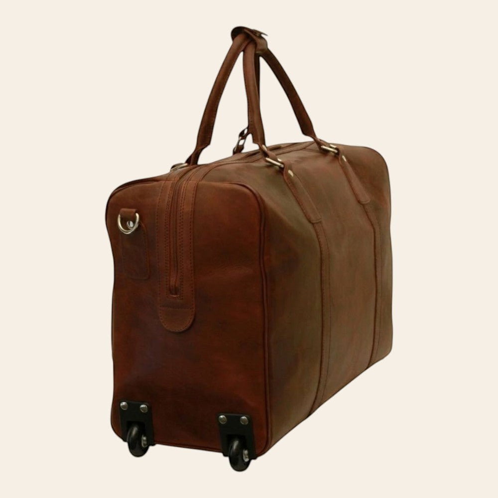 Borsone da viaggio Vetrina Fiorentina in pelle pieno fiore color castagna con sistema trolley e manici resistenti