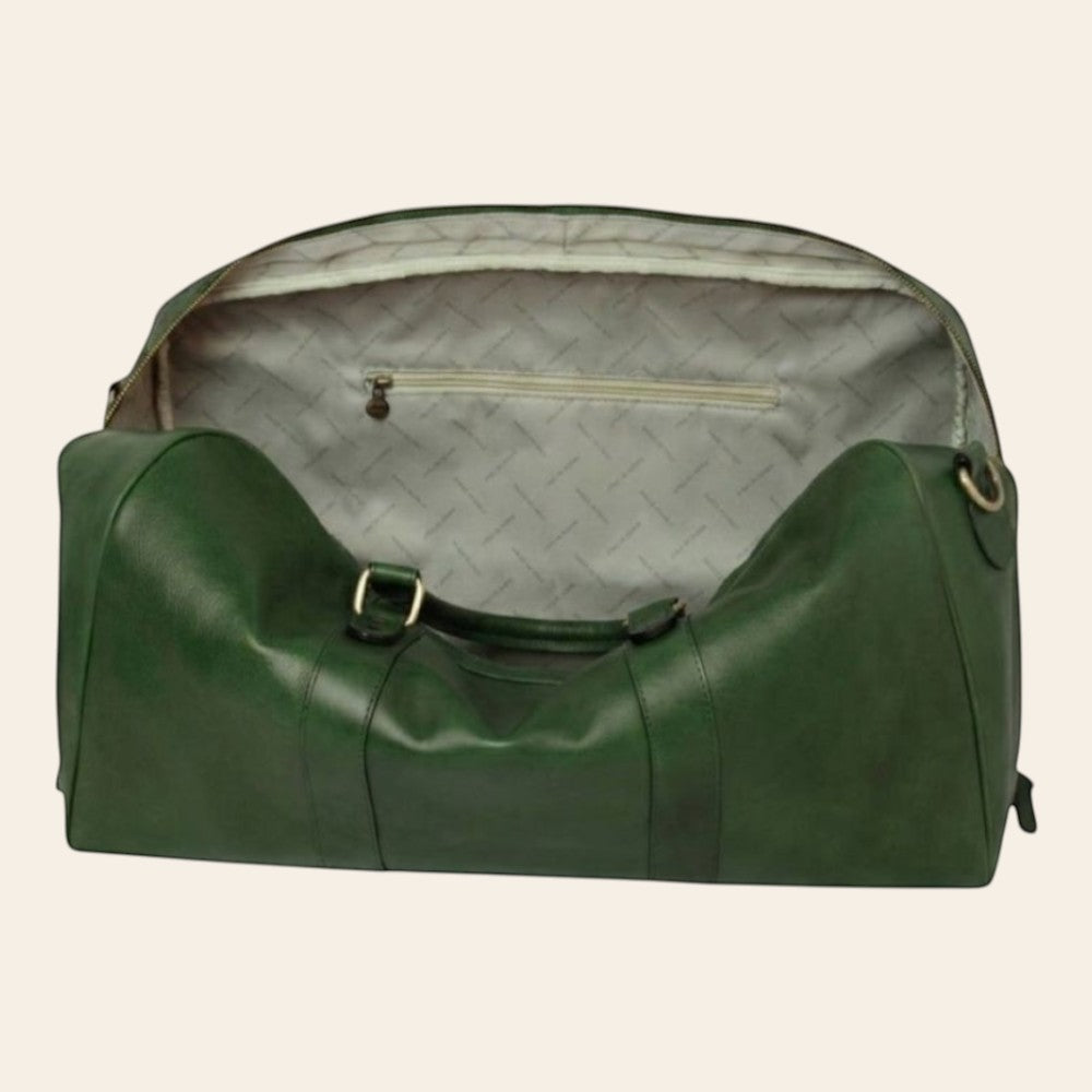Borsone da viaggio Vetrina Fiorentina in pelle di vitello verde pieno fiore con interno foderato e tasca con zip