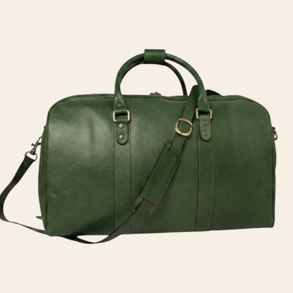 Borsone da viaggio Vetrina Fiorentina in pelle di vitello pieno fiore verde con tracolla e dettagli in ottone
