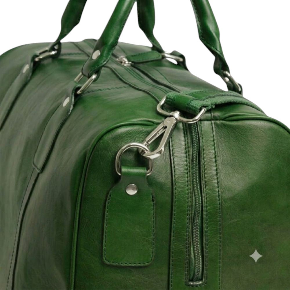 Borsone da viaggio Vetrina Fiorentina in pelle di vitello pieno fiore verde con dettagli in metallo e manici robusti
