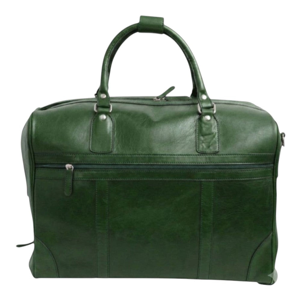 Borsone da viaggio Vetrina Fiorentina in pelle di vitello pieno fiore verde con ruote e tasca frontale con zip
