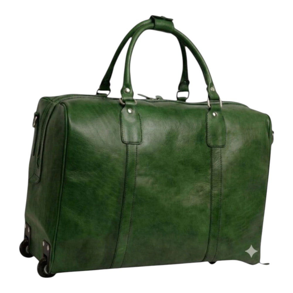 Borsone da viaggio Vetrina Fiorentina in pelle di vitello pieno fiore verde con ruote e finiture artigianali