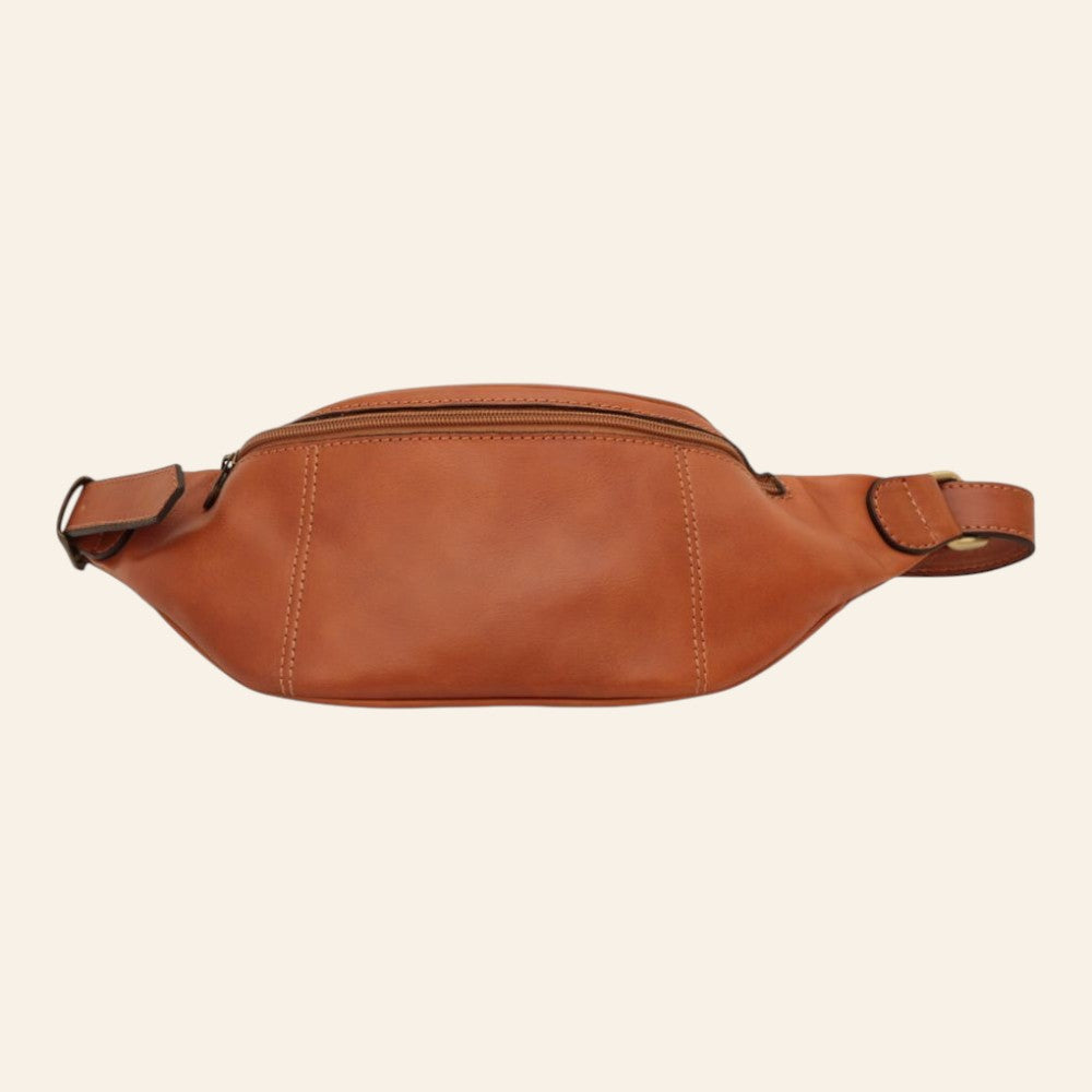 Vetrina Fiorentina handcrafted brown full-grain calfskin leather belt bag with adjustable strap and zip closure.