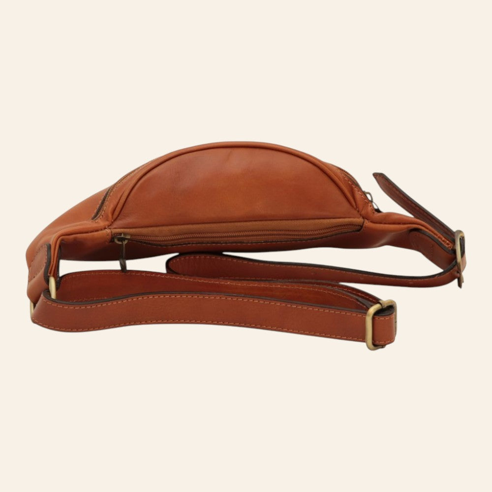 Vetrina Fiorentina Old Angler handcrafted colonial brown full-grain calf leather waist bag with adjustable strap