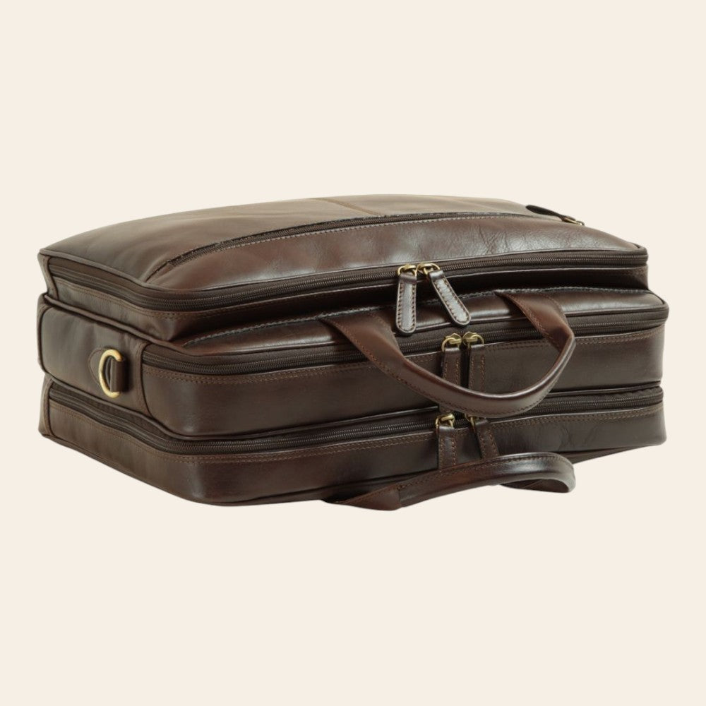 Cartella porta laptop Vetrina Fiorentina in pelle pieno fiore marrone scuro con scomparti multipli e cerniere