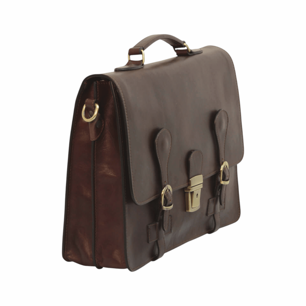 Cartella Vetrina Fiorentina in pelle di vitello marrone scuro con fibbie e chiusura a clip, design artigianale italiano