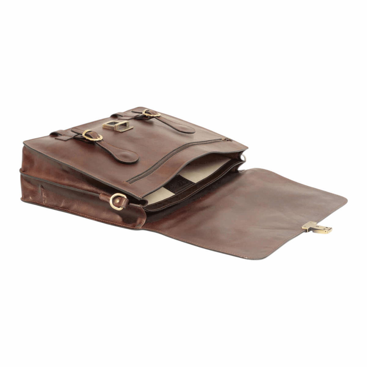 Cartella Vetrina Fiorentina in pelle marrone scuro con fibbie, chiusura a clip e tracolla, vista laterale aperta.