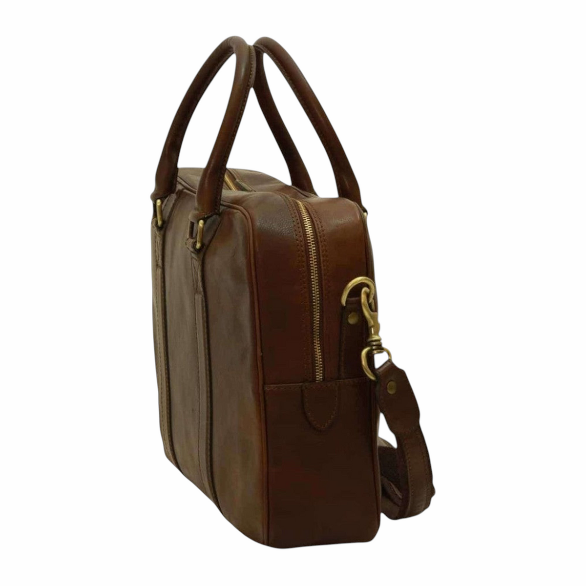 Cartella Vetrina Fiorentina in pelle marrone scuro con due manici, cerniere in ottone e tracolla regolabile.
